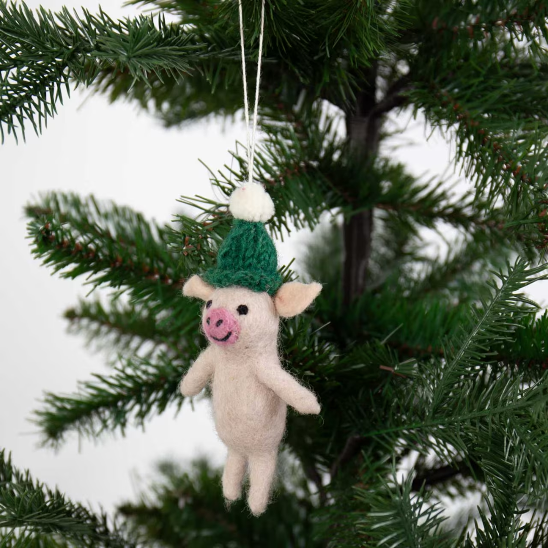 Pig with Green Top Hat Christmas ornament